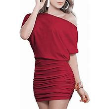 Anxihanee Women's Sexy Off Shoulder Party Club Ruched Bodycon Mini Dress (L, Wine Red)