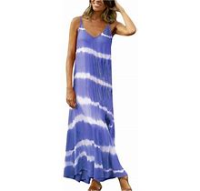 Lovskoo Women Summer Dresses Sun Dresses Casual Print V Neck Camis Sleeveless Vest Long Dress Blue