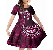 Fiji Masi Paisley With Hibiscus Tapa Kid Short Sleeve Dress Pink Version LT01