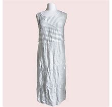100% Linen Maxi Midi Dress Women Sz S Sleeveless Beige Stripes Dress Mixed Print