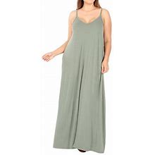 Women V-Neck Draped Jersey Beach Summer Cami Long Maxi Dress With Side Pockets (Lt Olive, 3X)