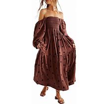 Boho Floral Puff Sleeve Dresses For Women 2024 Y2k Embroidered Flowy Smocked Maxi Dress Square Neck Beach Sundress