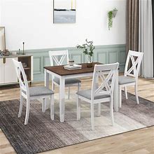 Farmhouse 5-Piece Wood Dining Set With Rectangular Table And X-Back Upholstered Chairs For Living Room - White