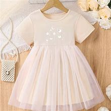 Dreamy Moon & Star Print Dress, Sweet Short Sleeve Tutu Dress Mesh Dress For Girls Summer Party,Apricot,Editor Selection,Temu