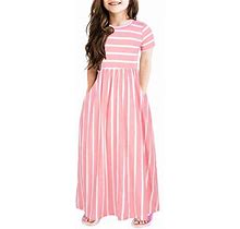 Yinguo Girls Striped Print Dresses Short Sleeve Scoop Neck Waist Ruched Dress Girls Dress&Skirt Size 14