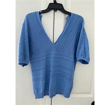 Venus Light Blue Open Knit Elbow Sleeve V-Neck Sweater Size Medium