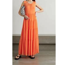 STAUD Benedetta Tiered Stretch Mesh Maxi Dress Nectarine Orange Sz Small $395