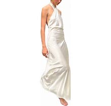 Women Backless Ruched Maxi Dress Spaghetti Strap Draped Slip Dress Halter Neck Split Long Evening Dresses