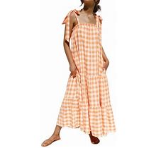 Summer Dress For Women Plaid Spaghetti Strap Square Neck Tiered Ruffle Flowy Maxi Dresses