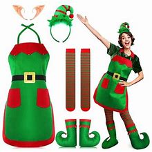 Vnanda Green Elf Christmas Apron Hat Set 3/4/5Pcs Classic Christmas Theme Apron Hat Headband Party Costume Kit With Elf Ear Adults Kitchen Xmas Holida