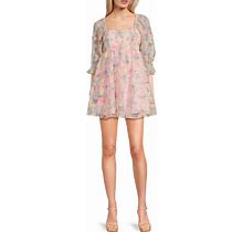 Evolutionary 34 Sleeve 3D Floral Baby Doll Dress, Womens, Juniors, XS, Ivory/Mauve