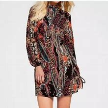 Free People Dresses | Free People All Dolled Up Mini Dress Paisley Multi Long Sleeve High Neck Sz M | Color: Black/Red | Size: M