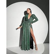 Olive Green Glitter Dress, Green Lurex Dress, High Slit Formal Dress, Green Wrap Dress, Olive Sparkly Long Dress, Rhinestone Maxi Dress