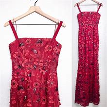 Dress The Population Dresses | New Dress The Population Aria Floral Sequin Beaded Gown Xs Red Embellished Sheer | Color: Red | Size: Xs