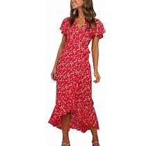 Imysty Womens Boho Floral Printed V Neck Wrap Dresses Short Sleeve Casual Beach Maxi Long Dress