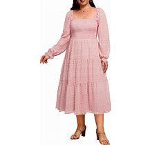 Pinup Fashion Women's Plus Size Boho Dress Flounce Long Sleeve Square Neck Chiffon Smocked Fall Midi Dresses