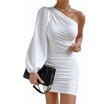WDIRARA Women's One Shoulder Bishop Long Sleeve Ruched Cocktail Party Bodycon Dress