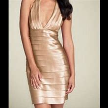 Bcbgmaxazria Dresses | Bcbg Max Azria Gold Tiered Halter Dress Size 2 | Color: Gold | Size: 2