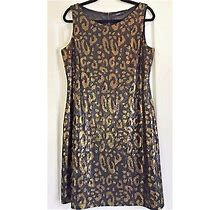 Tahari Sz 14 Black Gold Sequins Leopard Animal Print Lined Shift Dress