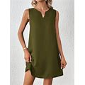 Women's Solid Color Notched Neckline A-Line Dress,XL