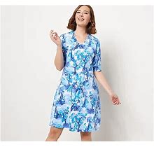 Isaac Mizrahi Printed V-Neck Swing Dress Elbow Sleeves-Blue-Tall Medium-A484513