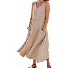 Avamo Linen Cotton House Dress Women Sleeveless Housecoat With Pockets Casual Nightgown Beach Cover Up Summer Dress