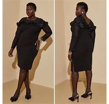Plus Size Mesh Paneled Rosette Sheath Dress, BLACK, 34/36 - Ashley Stewart
