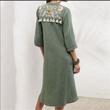 Soft Surroundings Tunic Dress Button Front Embroidered Green Floral