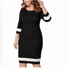 Venus Dresses | Venus | Women Black And White Body-Con Knit Crewneck Sweater Midi Dress Size 3X | Color: Black/White | Size: 3X