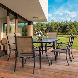 Outdoor 7-Piece Dining Set, Textilene Fabric, Powder-Coated Iron Frame - Brown