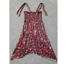 Uniti Stretch Red Floral Uneven Handkerchief Hem Flowy Dress / Long