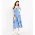 Loft Chambray Strappy Tiered Button Midi Dress Size 12 Mezzo Blue Wash Women's
