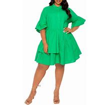 BUXOM COUTURE Flutter Sleeve Cotton & Linen Shift Dress In Green At Nordstrom, Size 2X