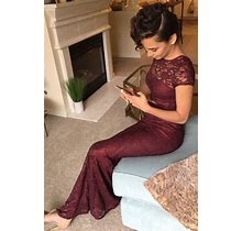 Ankle Length Two Piece Burgundy Lace Cap Sleeve Sheath Evening Dress