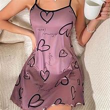 Heart Print Crew Neck Lettuce Trim Sleep Dress, Pajama, Nightdress, Women's Slip Dresses Women's Sleepwear,All-New,Temu