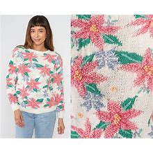 White Floral Sweater 90S Knit Pullover Sweater Pink Green Flower Print Crewneck Jumper Boho Hippie Cotton Ramie Retro Vintage 1990S Medium M