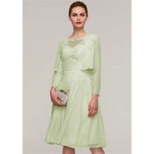 STACEES Mother Of The Bride Dress A-Line Bateau Sleeveless Knee-Length Chiffon Jacket Appliqued Beading - Dusty Sage