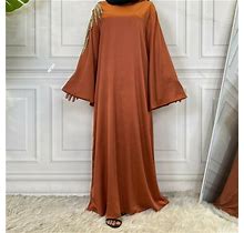 Elegant Gold Embroidery Satin Abaya Women Ramadan Long Dress Islamic