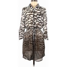 Petticoat Alley Casual Dress - Shirtdress Collared 3/4 Sleeves: Brown Zebra Print Dresses - Women's Size Medium