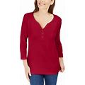 Karen Scott Petite 3/4-Sleeve Henley Shirt, Created For Macy's - New Red Amore - Size P/XXL