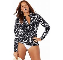 Plus Size Women's Chlorine Resistant Zip Up Swim Shirt By Swimsuits For All In Black Palm (Size 22)