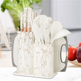 25Pcs Kitchen Cooking Set, Including19pcs Full Set Of Silicone Cooking Utensils And 6 Sets Of Knives, Kitchenware, Kitchen,White Gold,All-New,Temu