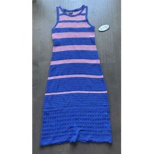 Scoop Crochet Dress Long Sleeveless Blue Mauve Solid Thick Stripes