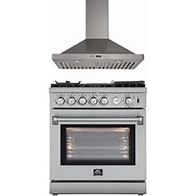 FORNO Lazio Full Gas 30" Inch Freestanding Range 4.32 Cu.Ft. Convection Oven Stainless Steel & Siena 30" Professional Wall Mount Range Hood 450 CFM,