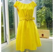 Spense Dresses | Belted Yellow Cap Sleeve A-Line Cotton Drees | Color: Yellow | Size: 12