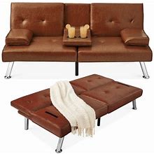 Best Choice Products Brown Modern Faux Leather Convertible Futon Sofa W/ Removable Armrests 2 Cupholders - Medium