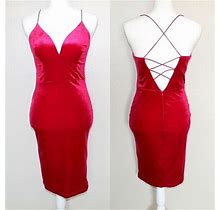 Windsor Sophia Red Velvet Knee Length Bodycon Cross Back Dress - Size