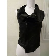 Veda Black Leather Cotton Zip Pocket Zip Sleeveless Vest Jacket Sz
