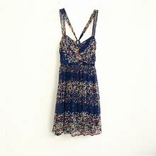 Ella Moss Pleated Navy Blue Floral Silk Ruched Dress Size S Strappy Back AO