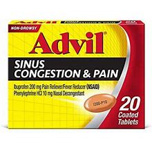 Advil Sinus Congestion And Pain, Sinus Relief Medicine, Pain Reliever And Fever Reducer With Ibuprofen And Phenylephrine Hcl - 20 Coated Tablets